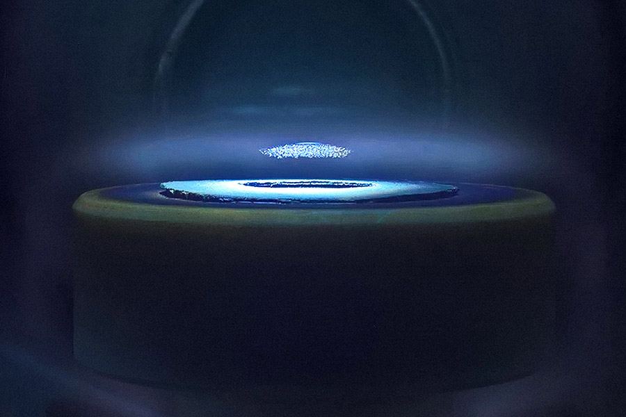 Levitation of dust particles in a butane rf plasma.